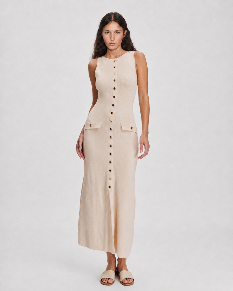 SLEEVELESS BUTTON KNIT MIDI DRESS