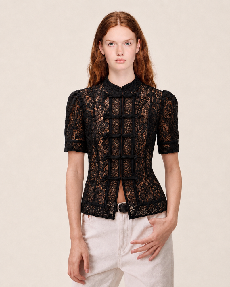 SHORT SLEEVE LACE MANDARIN TOP