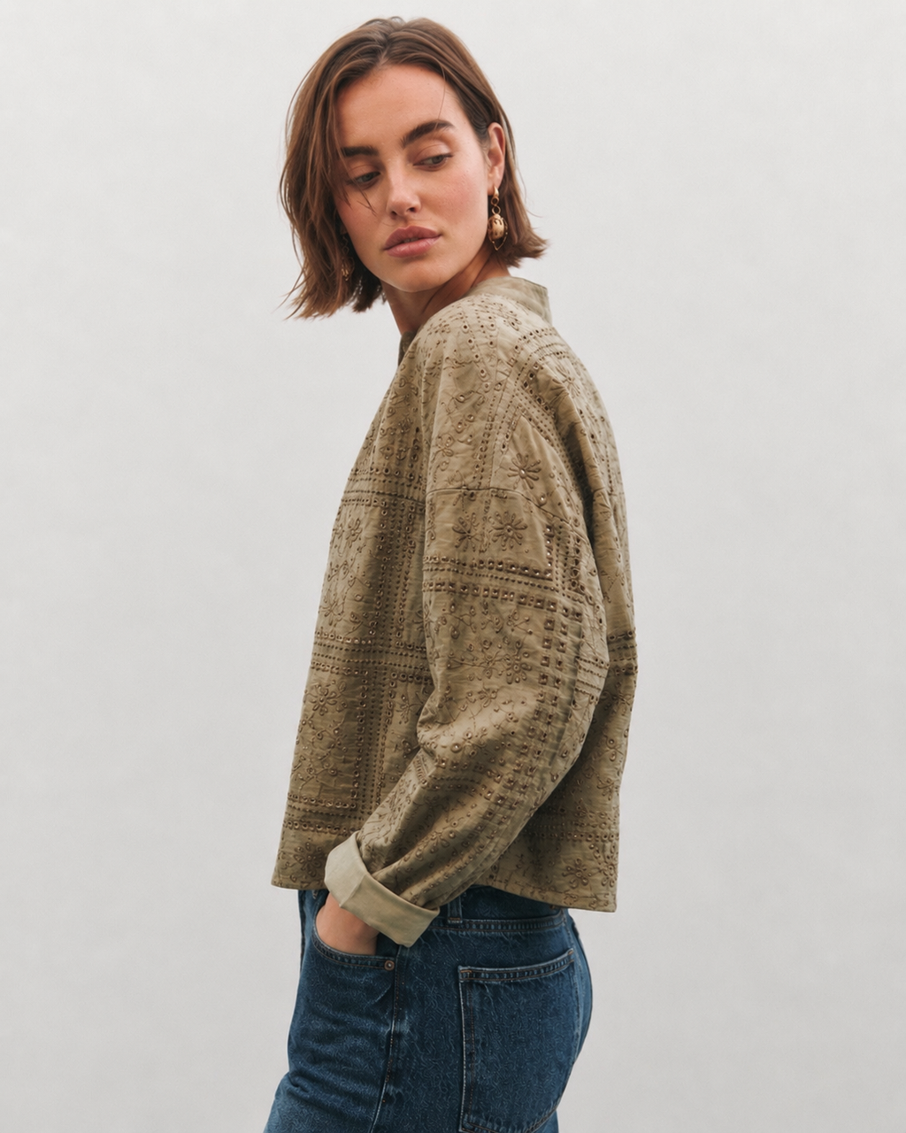 OFFSURGE Embroidered Cotton Button Top in Khaki Olive