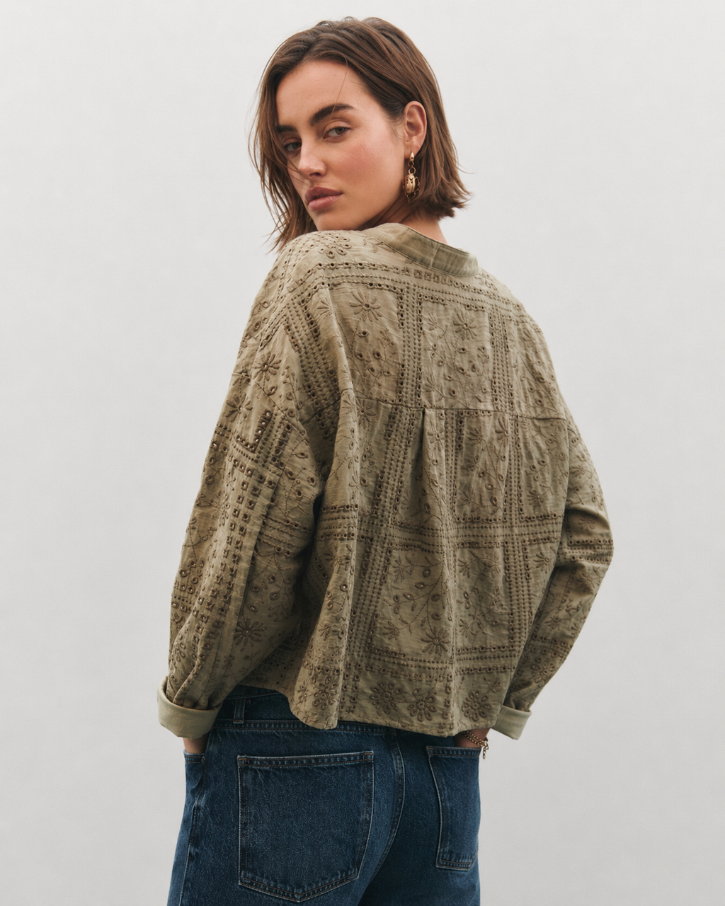 OFFSURGE Embroidered Cotton Button Top in Khaki Olive