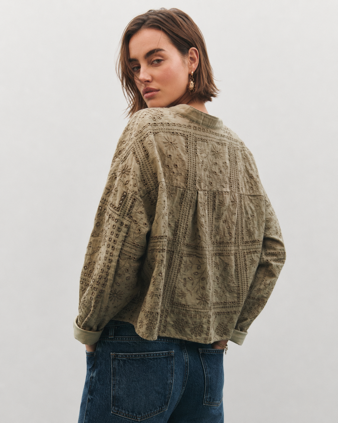 OFFSURGE Embroidered Cotton Button Top in Khaki Olive