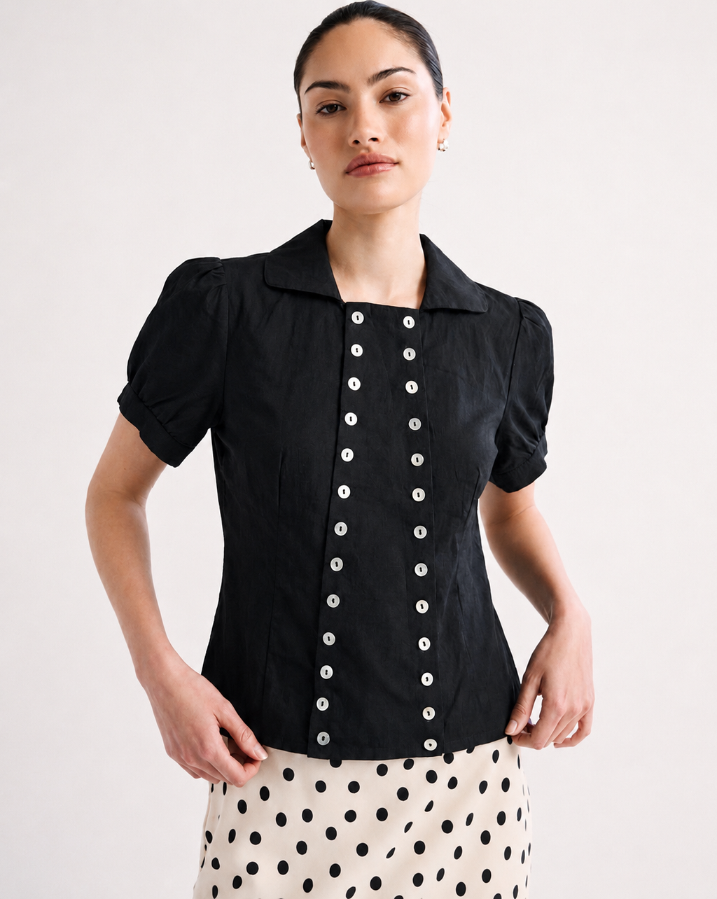OFFSURGE Double Button Puff Sleeve Top in Black
