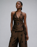 TEXTURED EMBELLISHED HALTER WRAP TOP