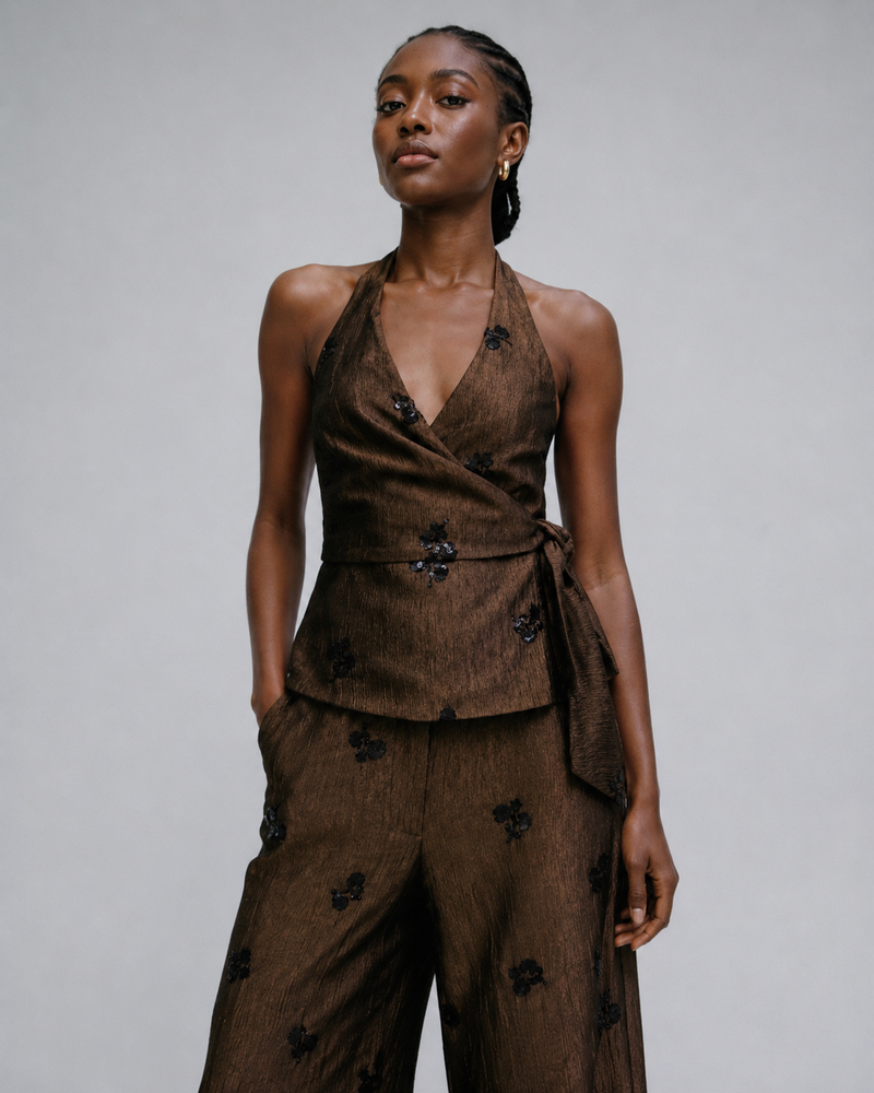 TEXTURED EMBELLISHED HALTER WRAP TOP