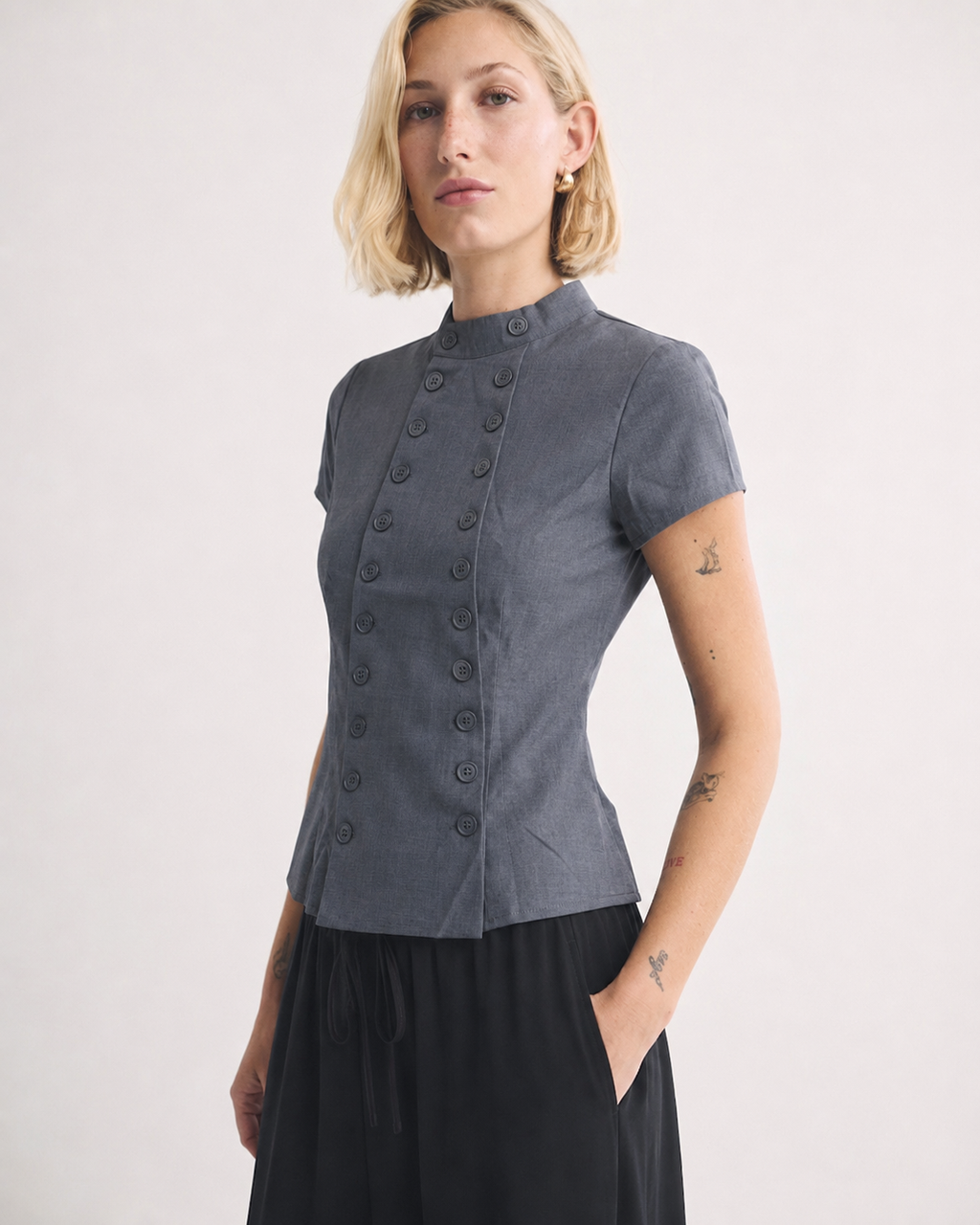 OFFSURGE Double Button Mandarin Top in Charcoal Grey