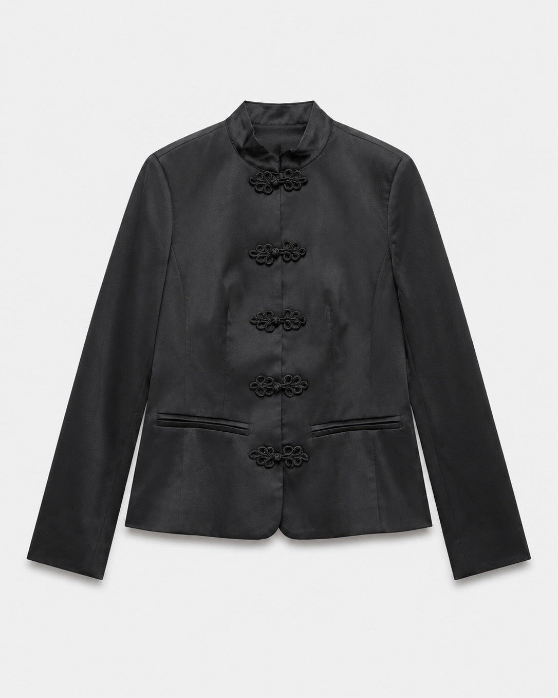 OFFSURGE Satin Frog Closure Blazer in Black
