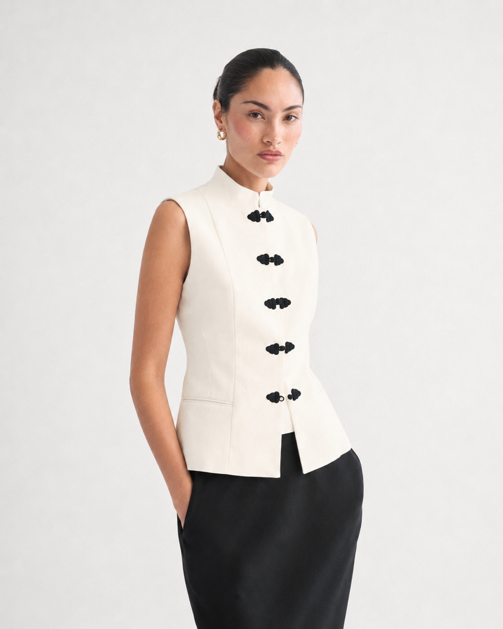 OFFSURGE Sleeveless Frog Closure Vest in Ivory