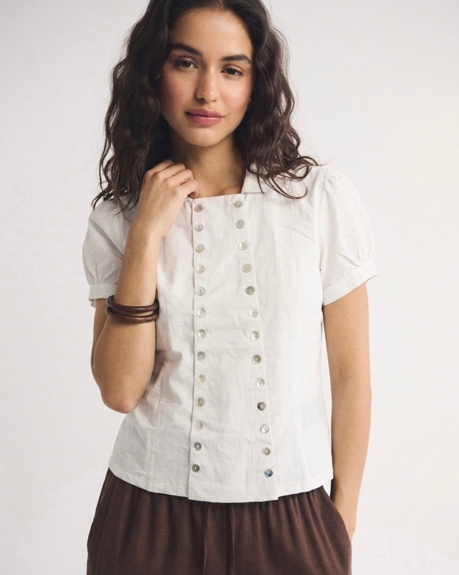 OFFSURGE Double Button Puff Sleeve Top in Brilliant White