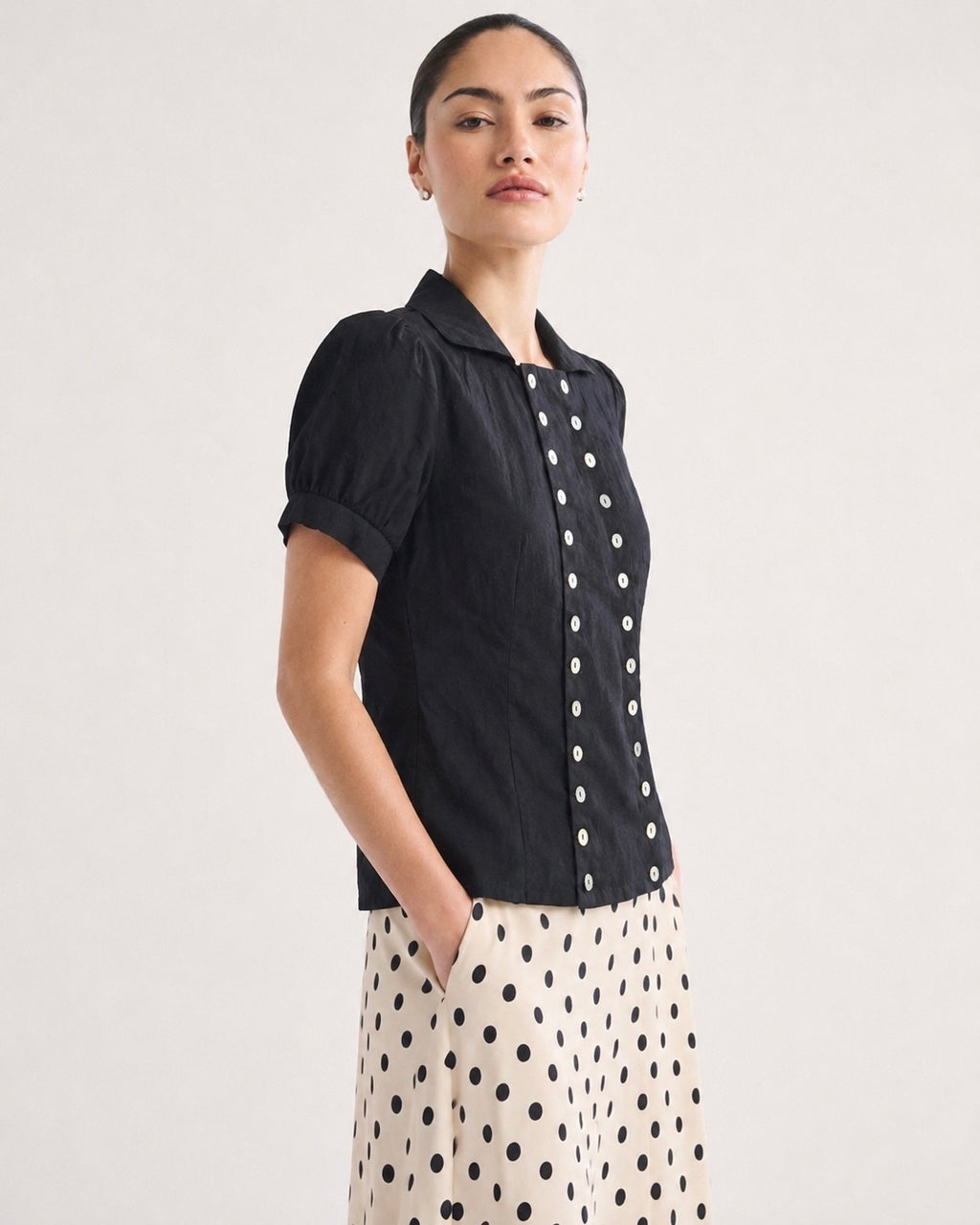OFFSURGE Double Button Puff Sleeve Top in Black