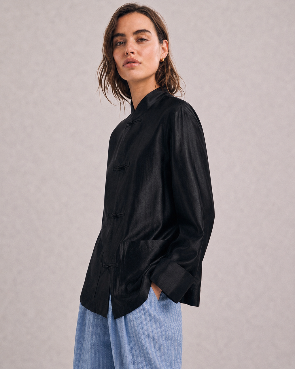 OFFSURGE Mandarin Frog Closure Shirt in Black