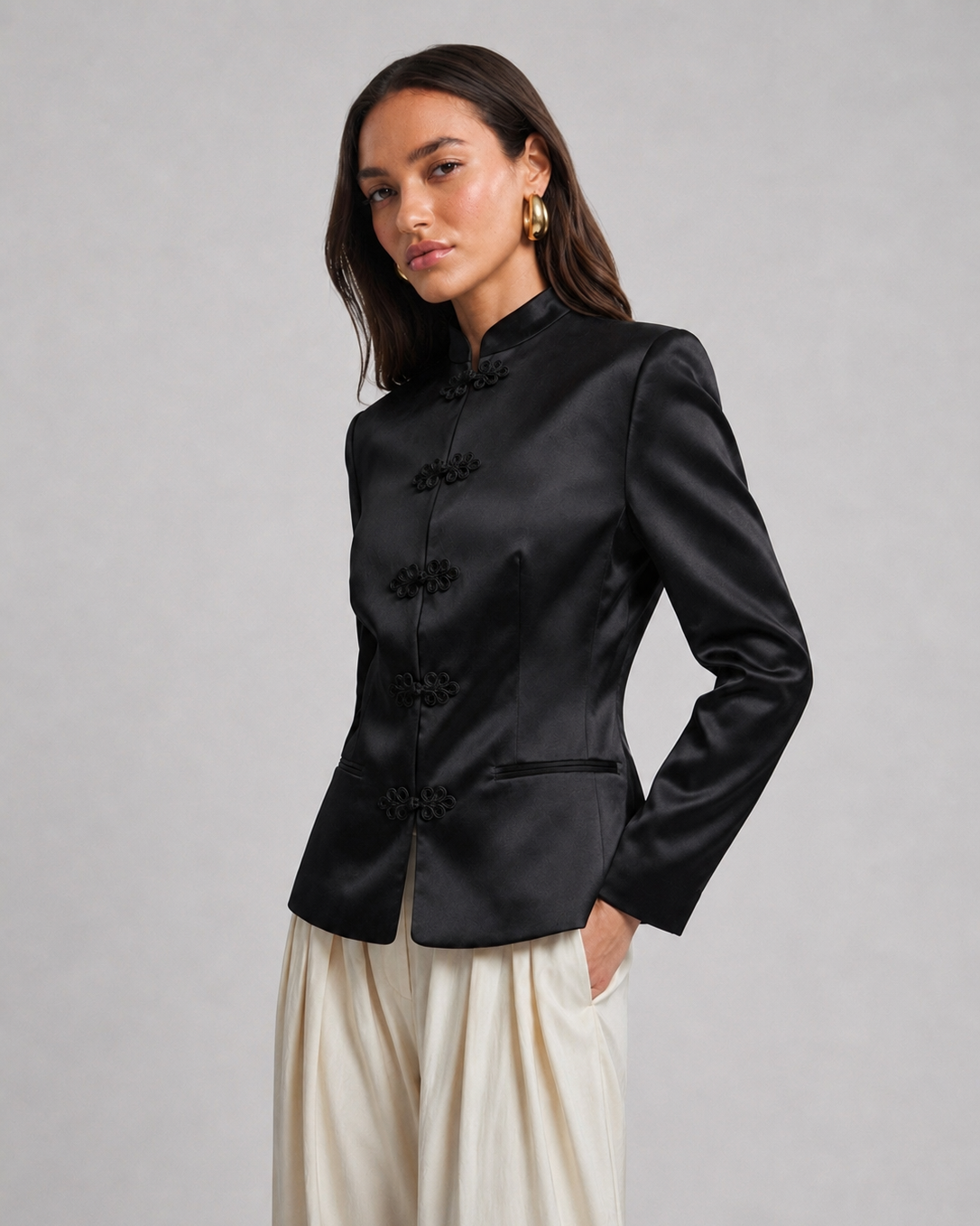OFFSURGE Satin Frog Closure Blazer in Black