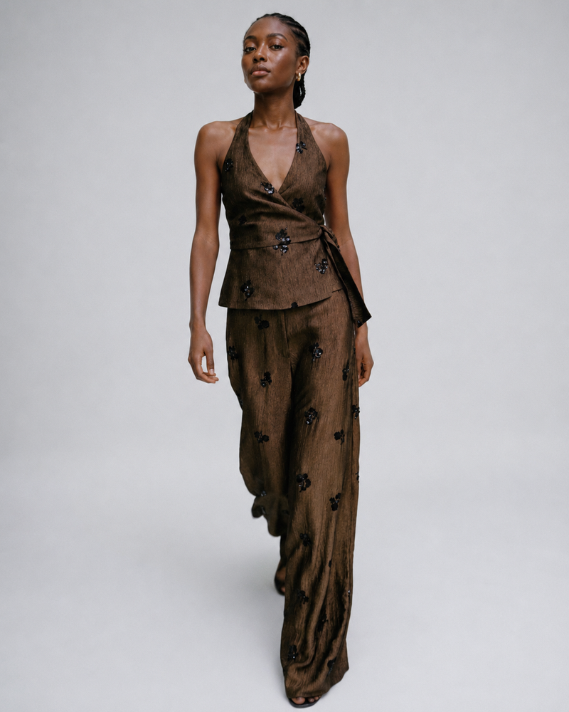 TEXTURED EMBELLISHED WIDE LEG PANTS