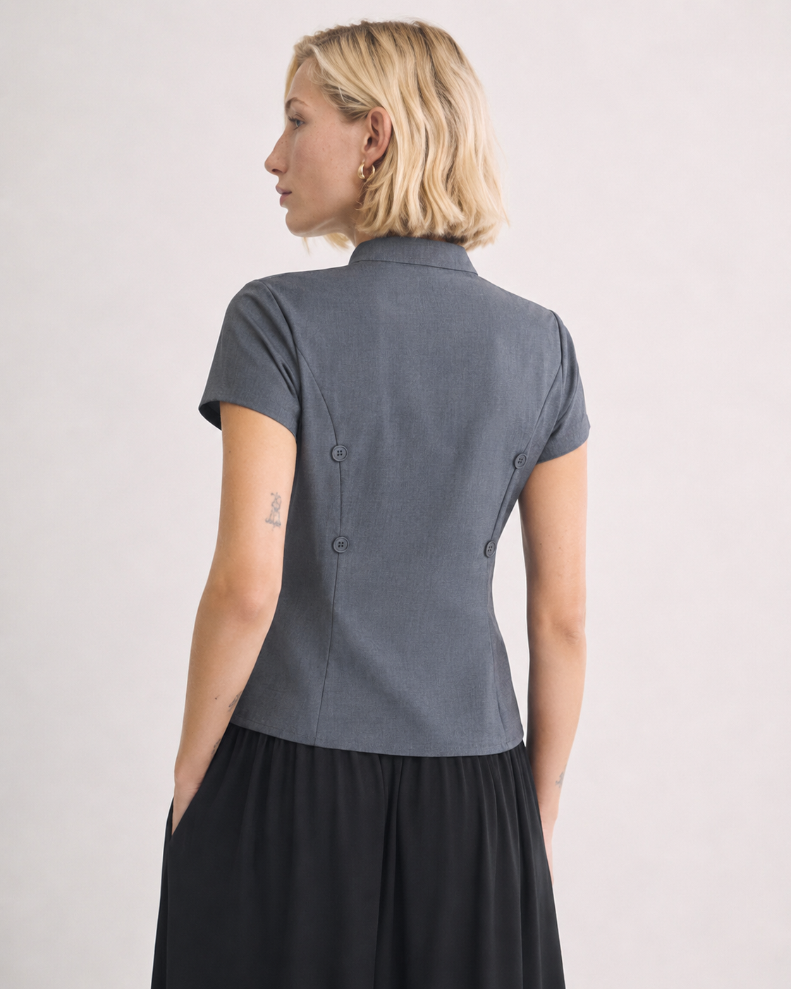 OFFSURGE Double Button Mandarin Top in Charcoal Grey
