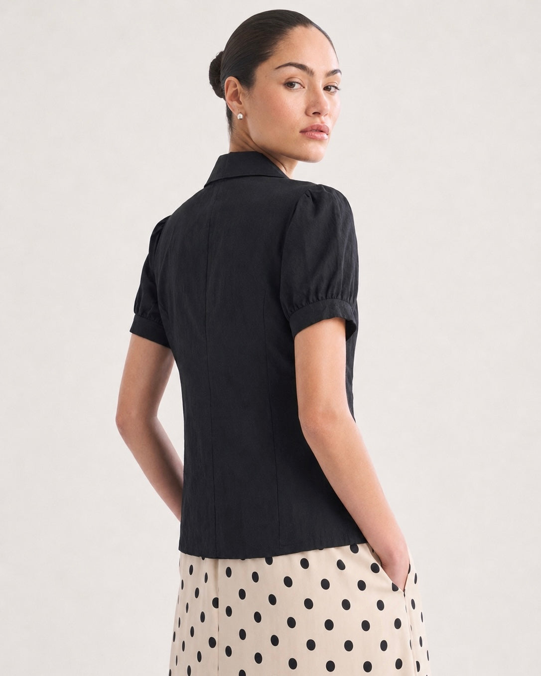 OFFSURGE Double Button Puff Sleeve Top in Black