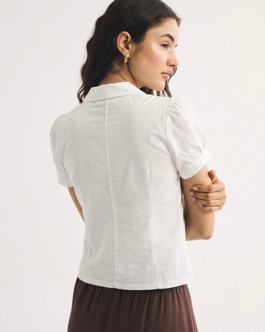 OFFSURGE Double Button Puff Sleeve Top in Brilliant White