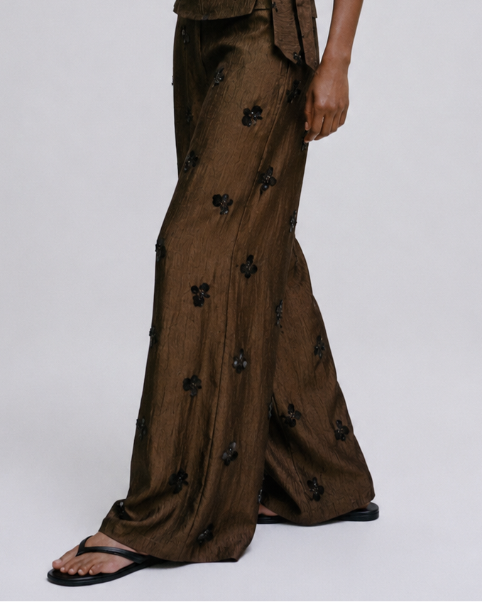 TEXTURED EMBELLISHED WIDE LEG PANTS