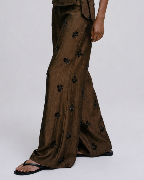 TEXTURED EMBELLISHED WIDE LEG PANTS