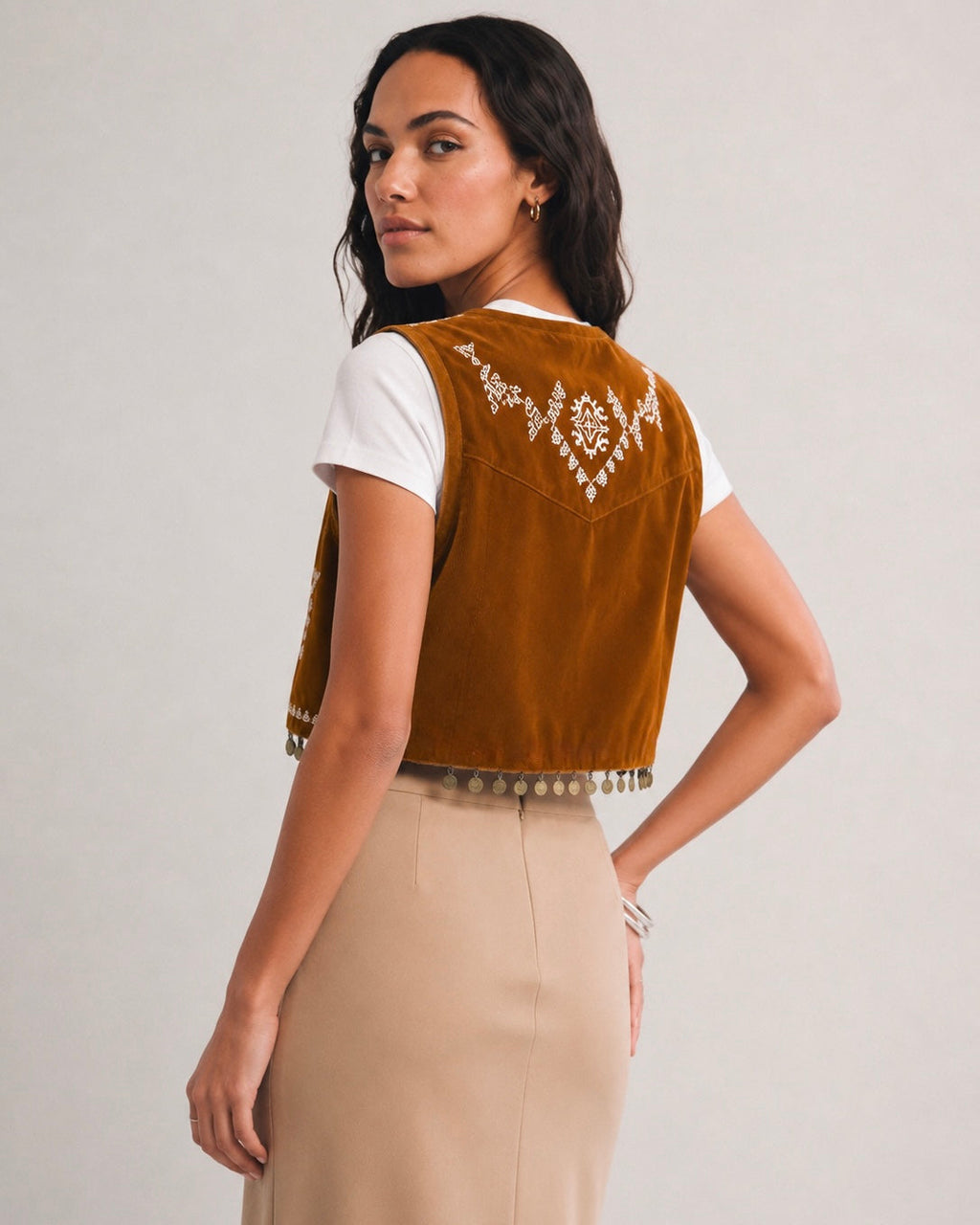 EMBROIDERED COIN FRINGE VEST