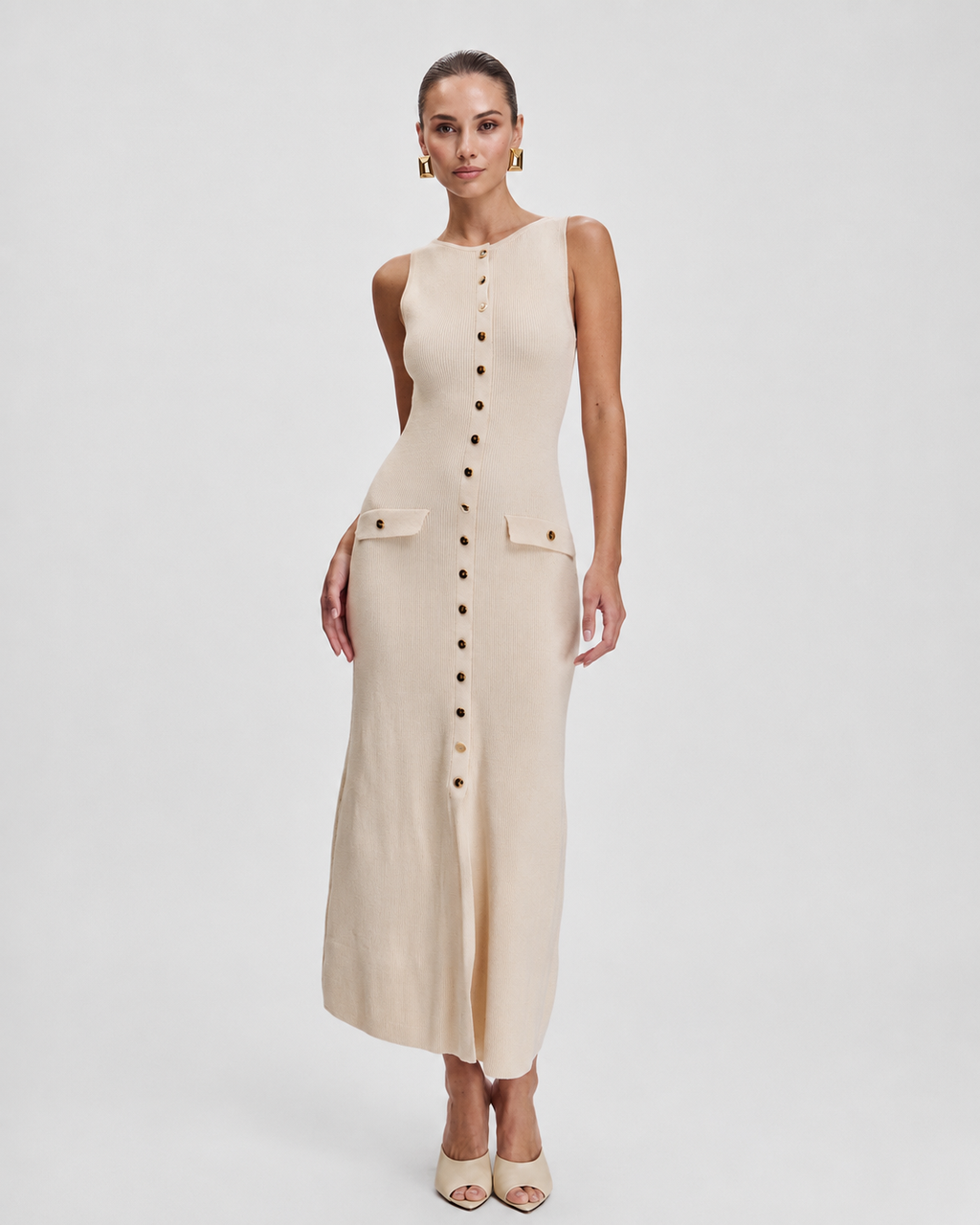 SLEEVELESS BUTTON KNIT MIDI DRESS