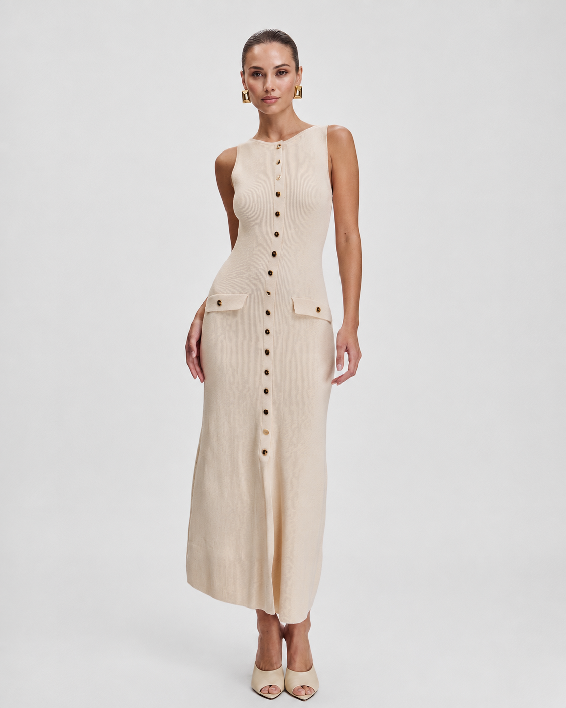 SLEEVELESS BUTTON KNIT MIDI DRESS