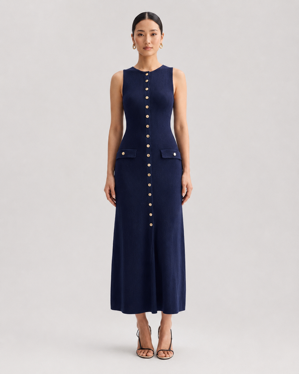 SLEEVELESS BUTTON KNIT MIDI DRESS