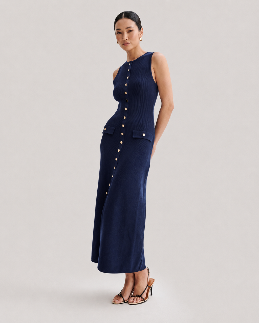 SLEEVELESS BUTTON KNIT MIDI DRESS