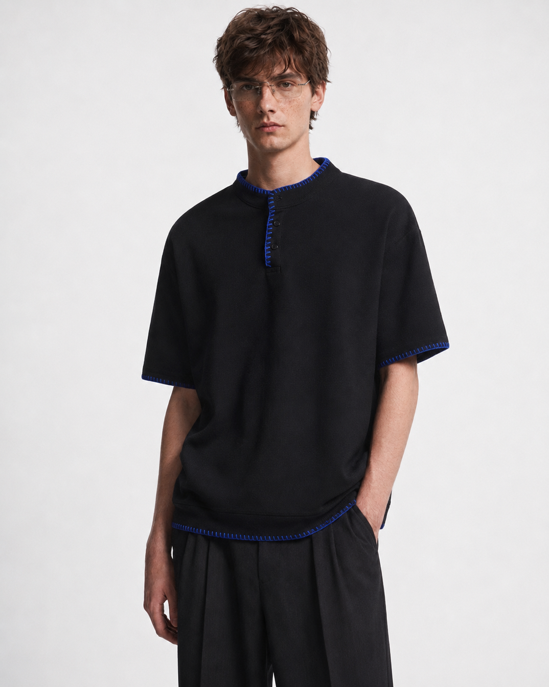 BLANKET STITCH HENLEY T-SHIRT