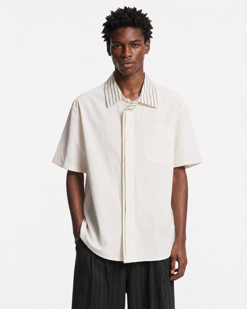 STRIPED COLLAR SHORT SLEEVE SHIRT