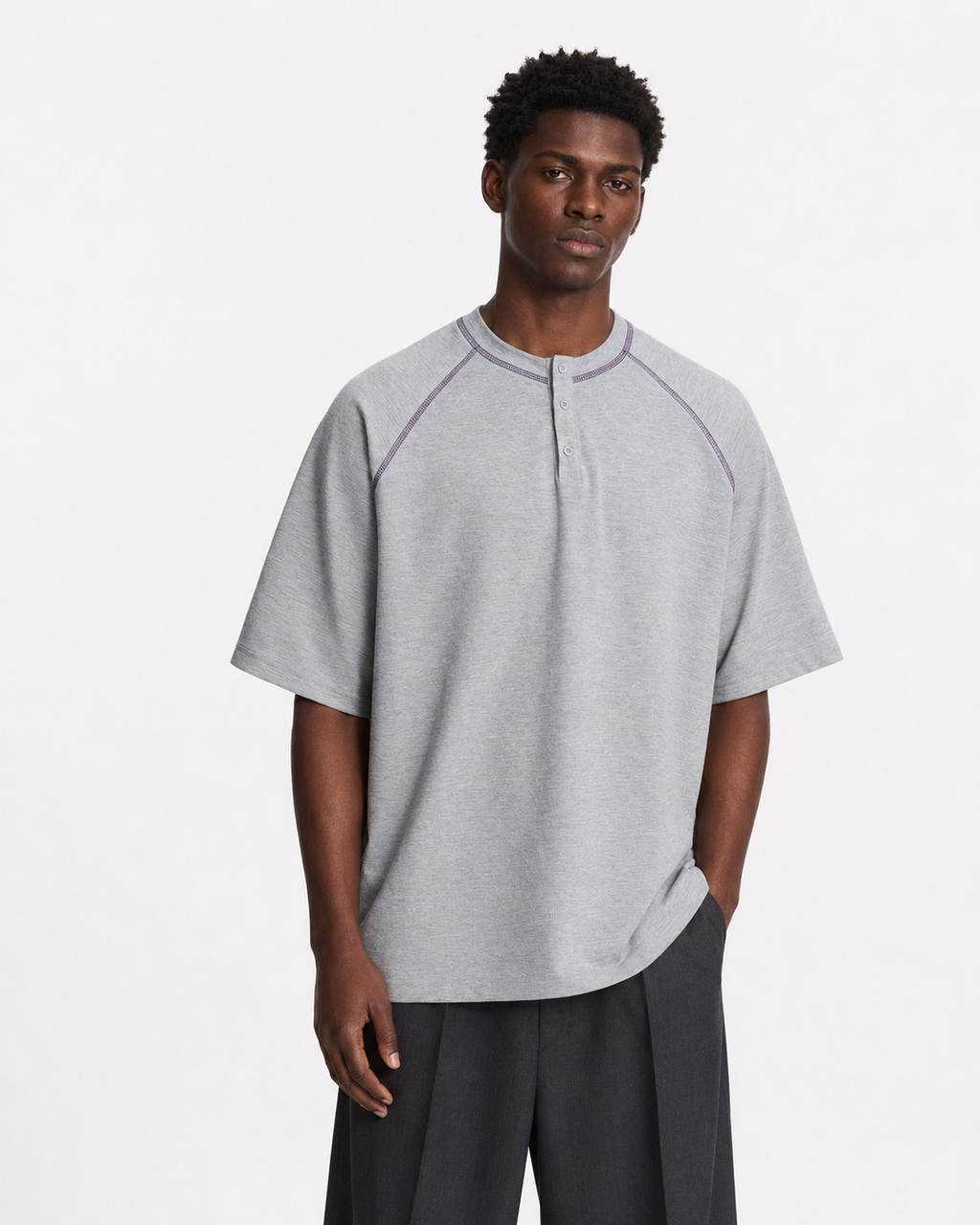 CONTRAST STITCH HENLEY T-SHIRT