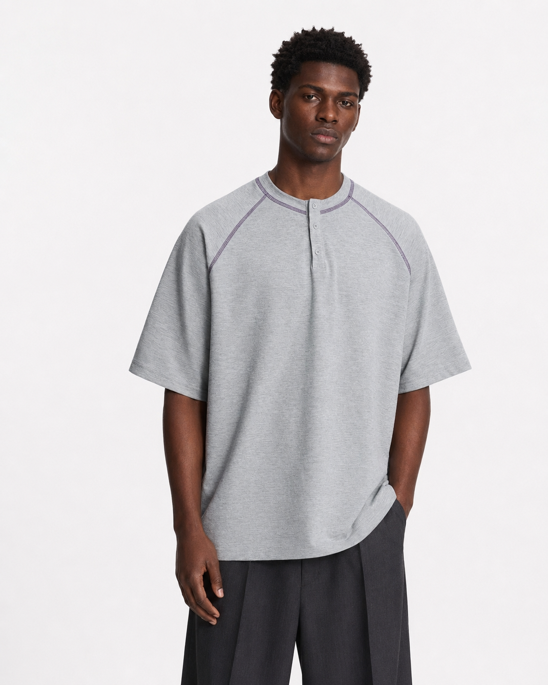 CONTRAST STITCH HENLEY T-SHIRT
