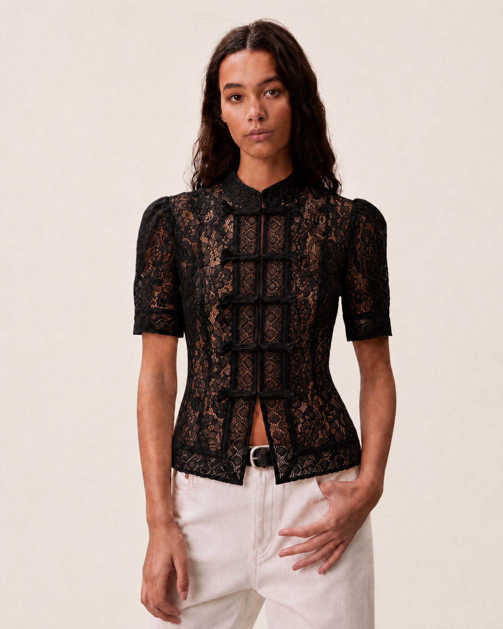 SHORT SLEEVE LACE MANDARIN TOP