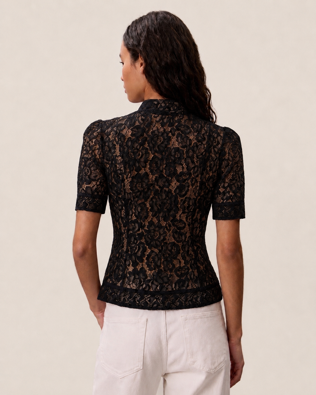 SHORT SLEEVE LACE MANDARIN TOP