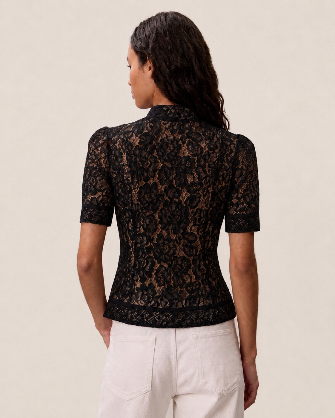 SHORT SLEEVE LACE MANDARIN TOP