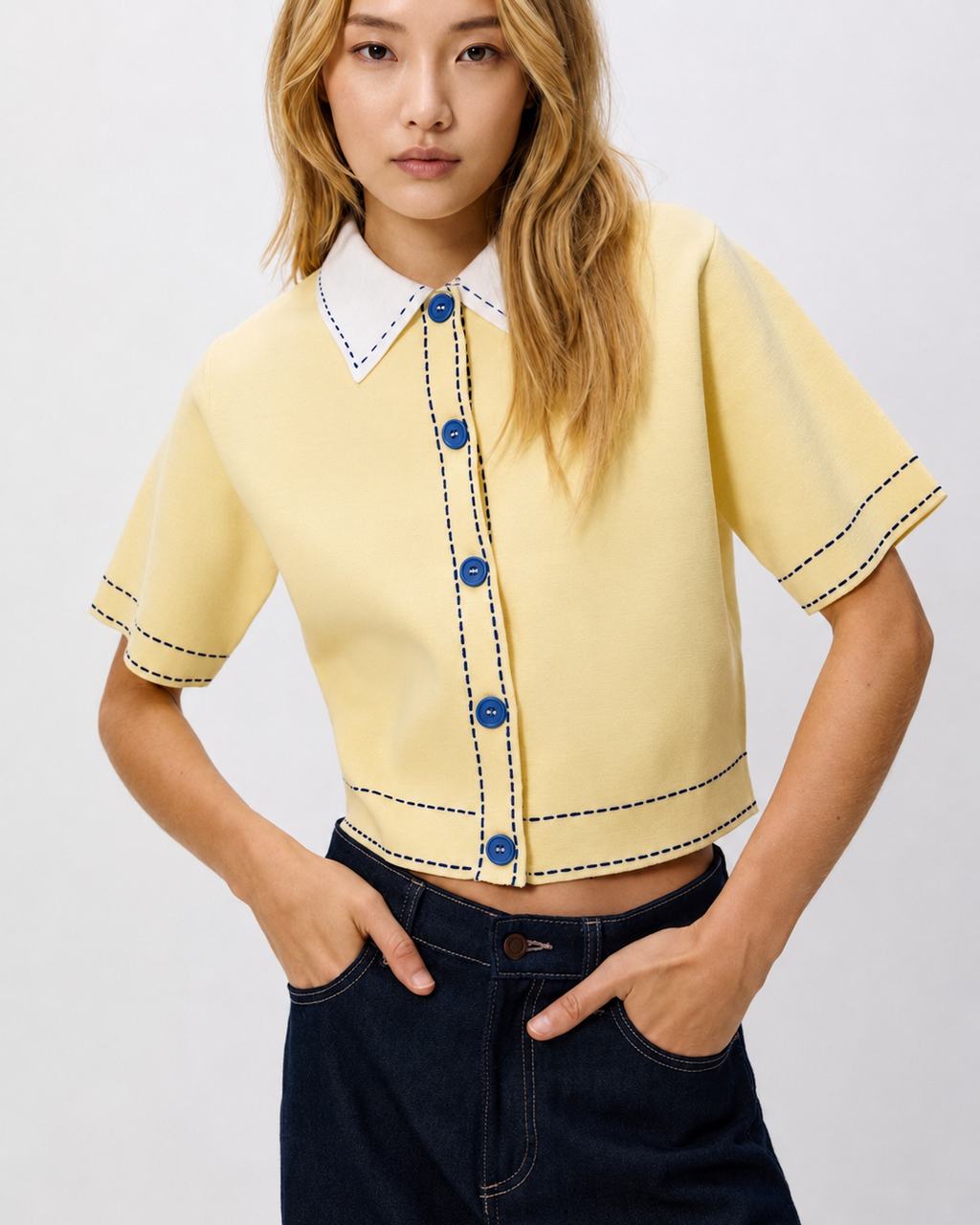 OFFSURGE Contrast Collar Knit Top in Butter Yellow