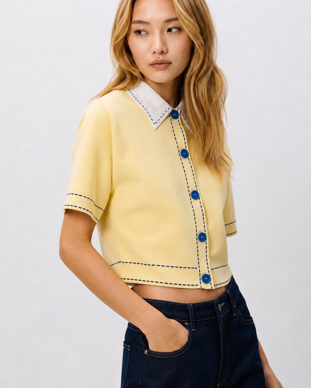 OFFSURGE Contrast Collar Knit Top in Butter Yellow