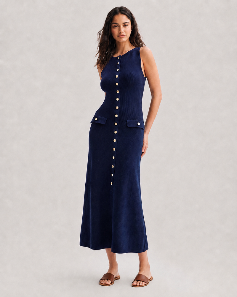 SLEEVELESS BUTTON KNIT MIDI DRESS