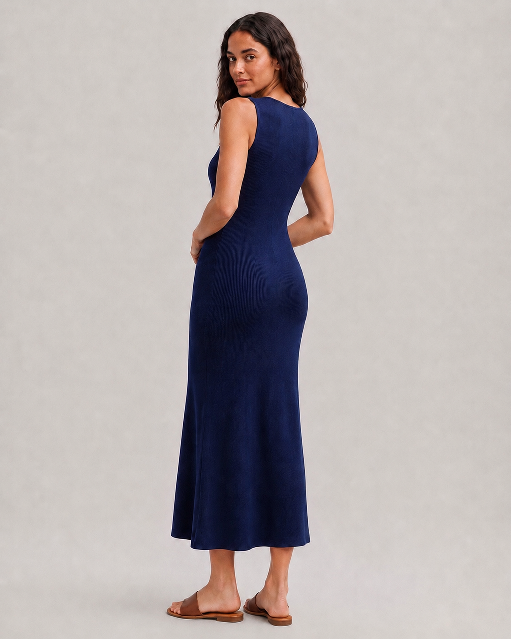 OFFSURGE Sleeveless Button Knit Midi Dress in Deep Navy