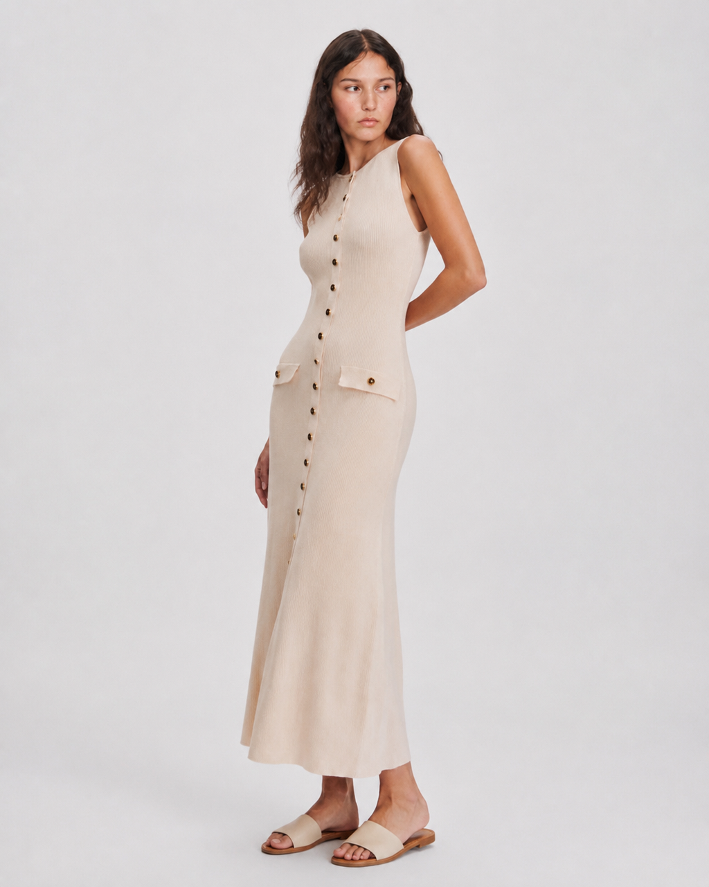 OFFSURGE Sleeveless Button Knit Midi Dress in Soft Cream