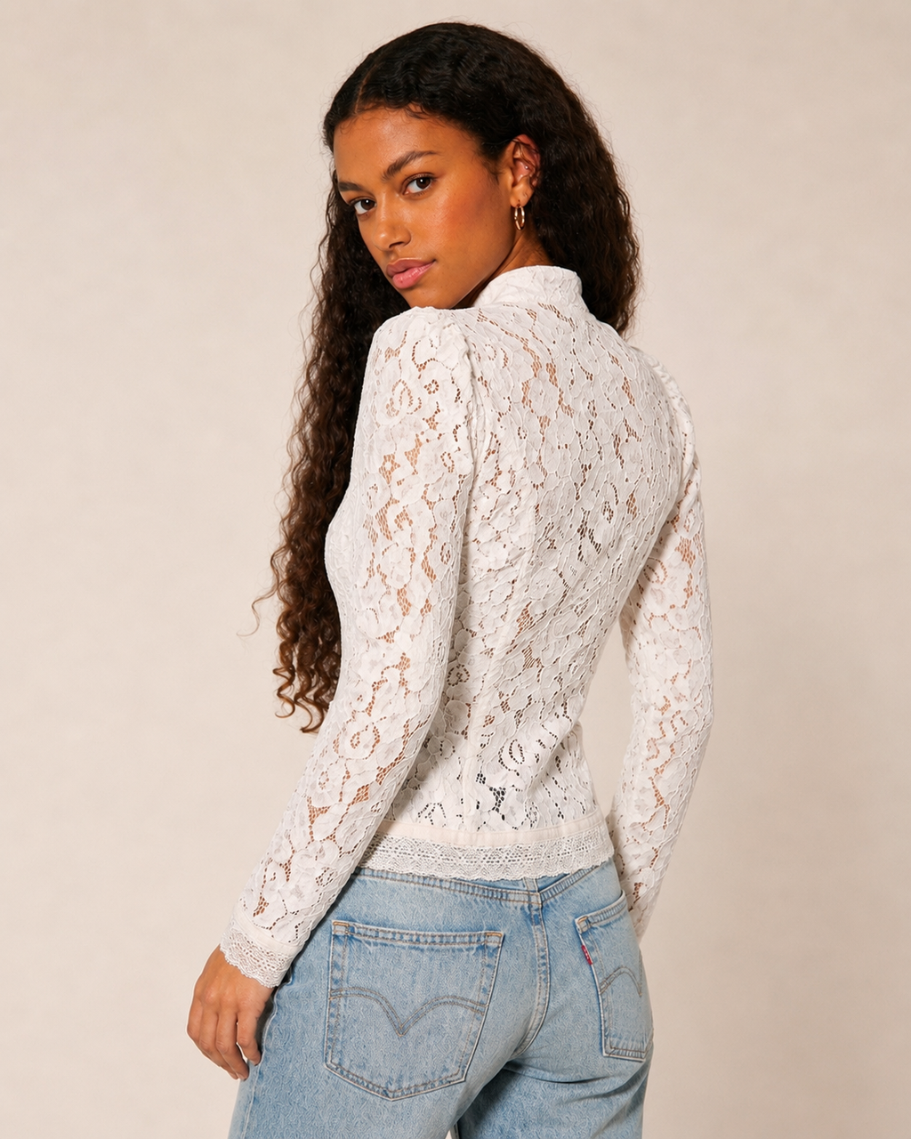 OFFSURGE Lace Mandarin Top in Brilliant White