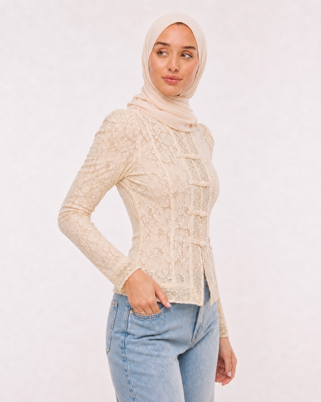 OFFSURGE Lace Mandarin Top in Ivory