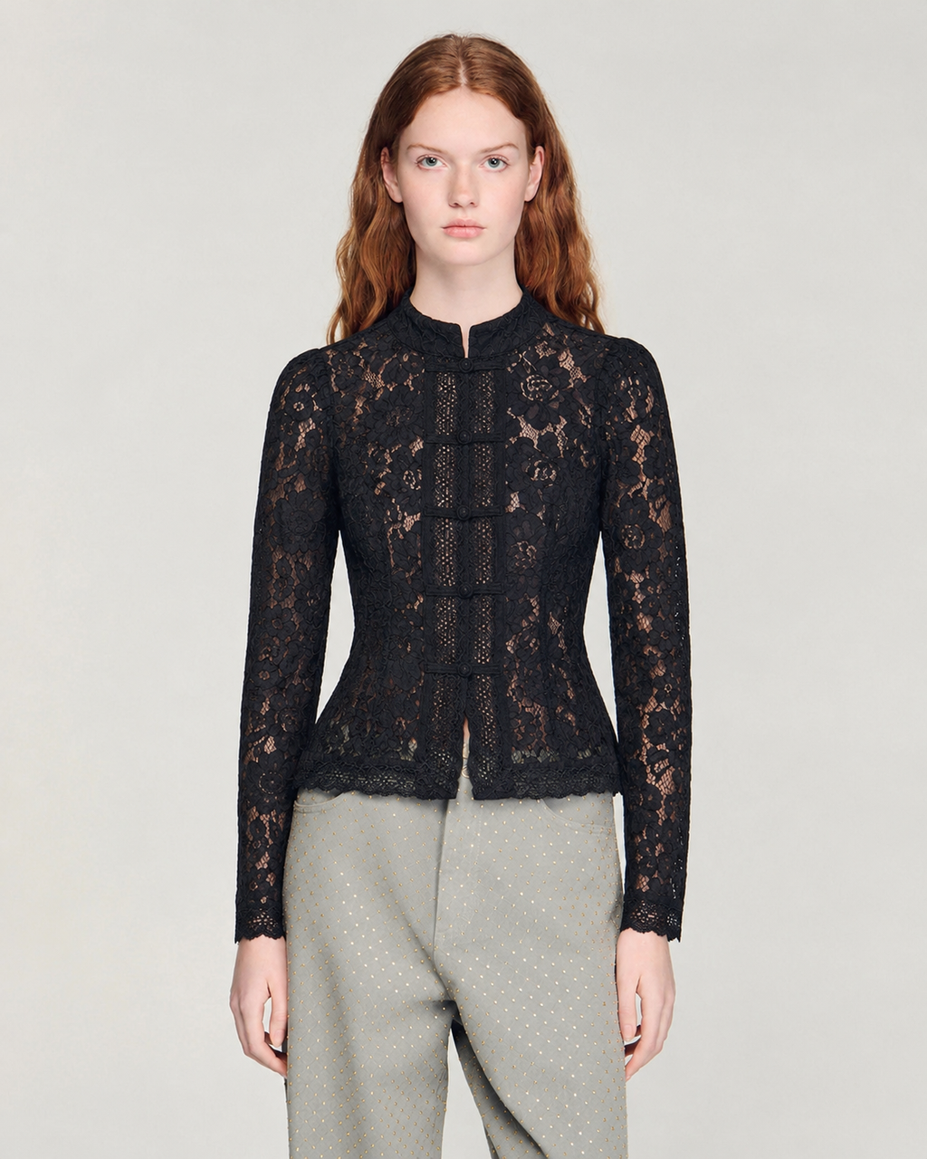 OFFSURGE Lace Mandarin Top in Black