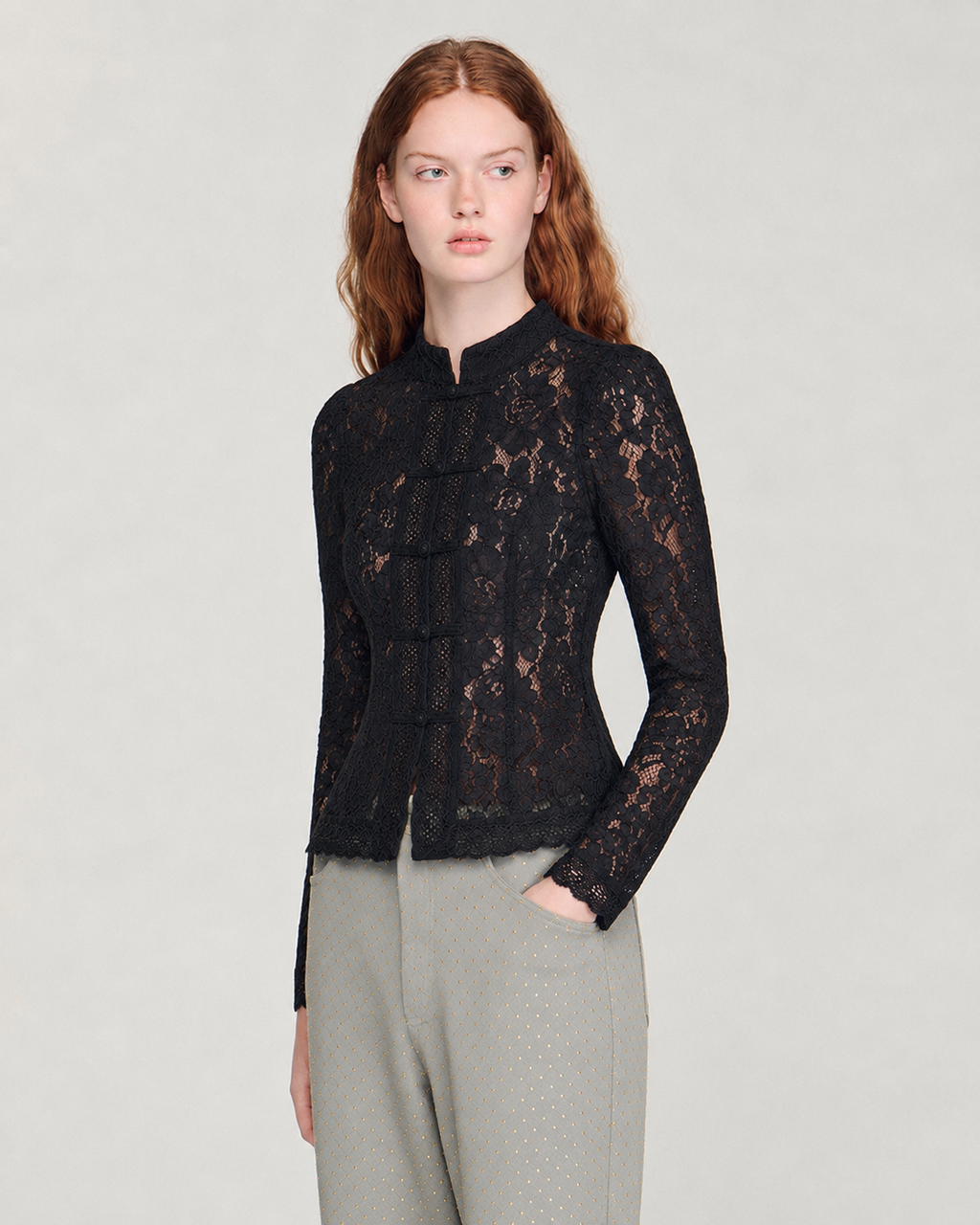 OFFSURGE Lace Mandarin Top in Black
