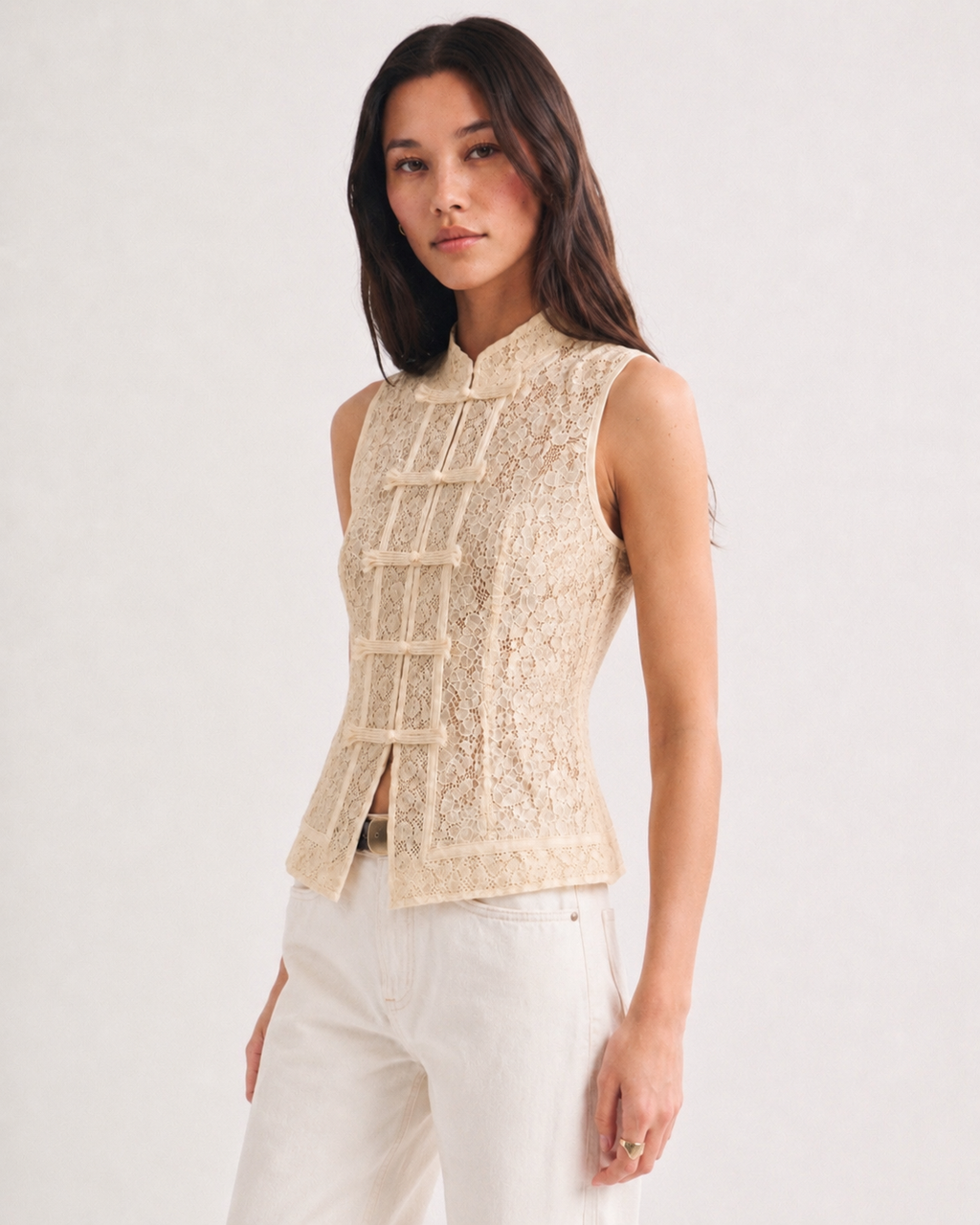 OFFSURGE Sleeveless Lace Mandarin Top in Ivory