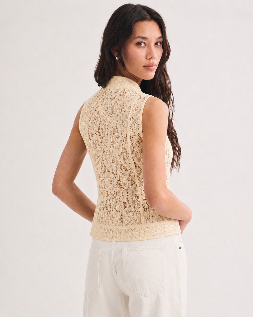 OFFSURGE Sleeveless Lace Mandarin Top in Ivory