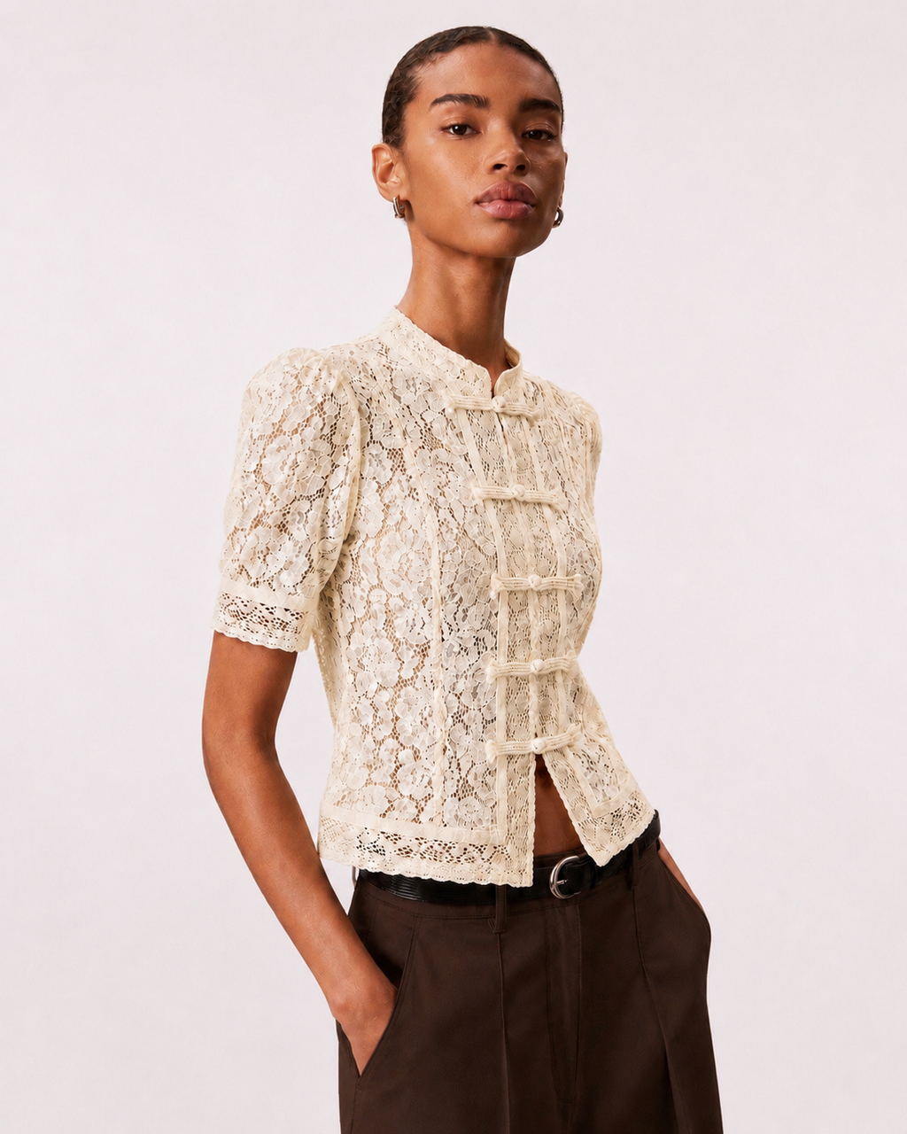 OFFSURGE Short Sleeve Lace Mandarin Top in Ivory