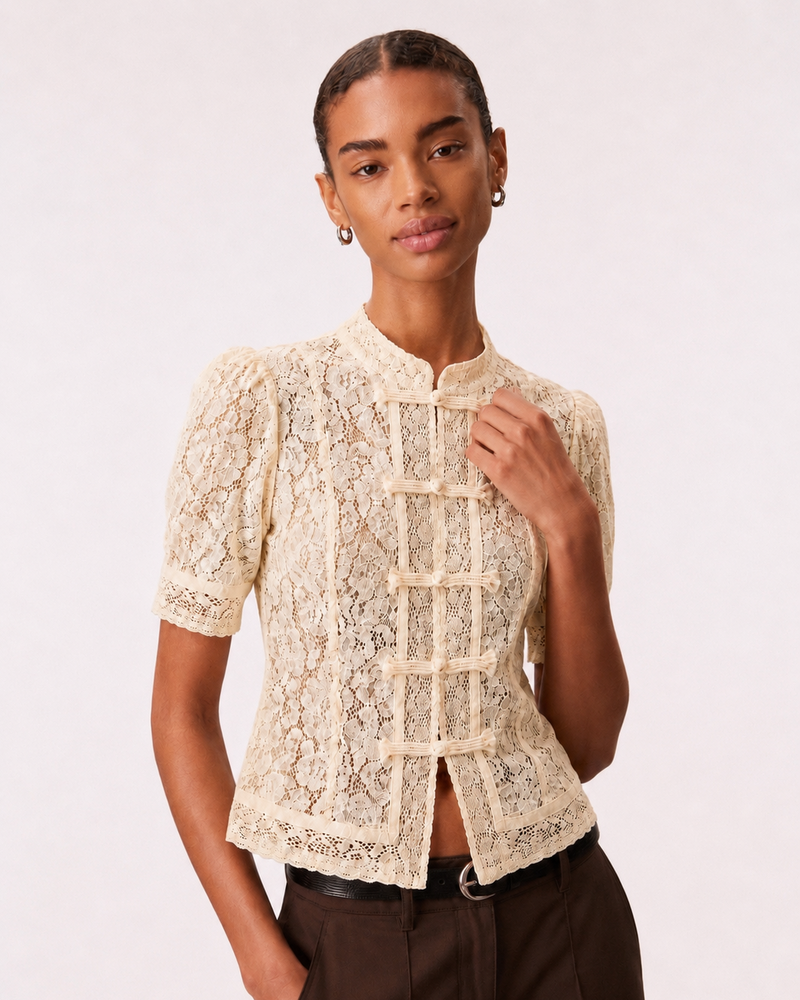 SHORT SLEEVE LACE MANDARIN TOP