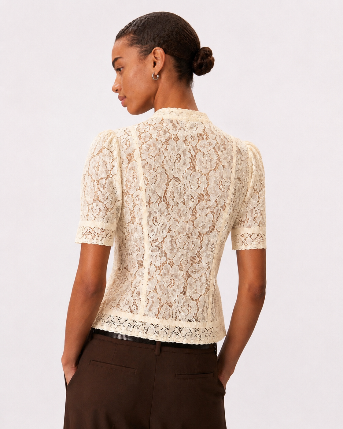 OFFSURGE Short Sleeve Lace Mandarin Top in Ivory