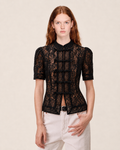 OFFSURGE Short Sleeve Lace Mandarin Top in Black