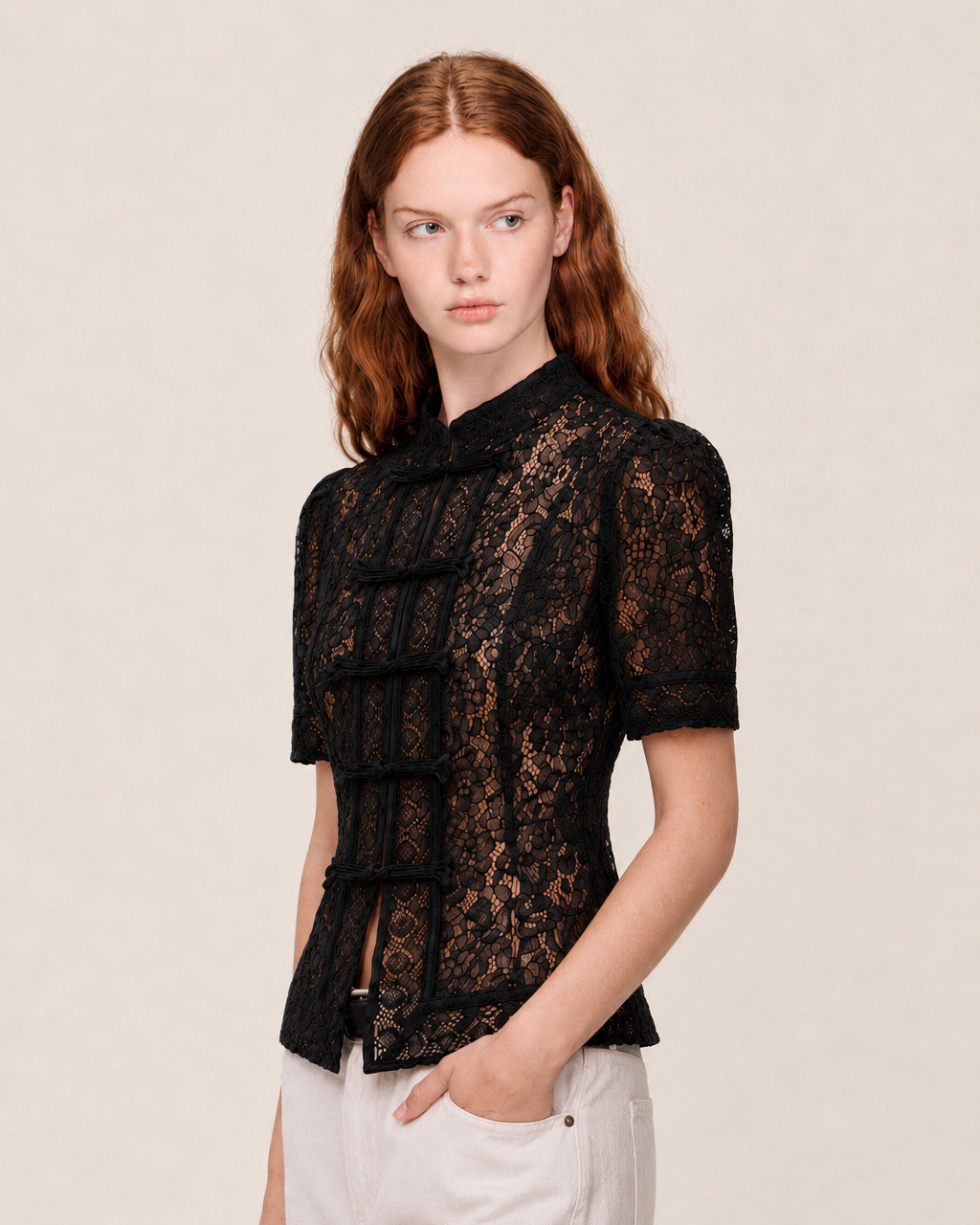 OFFSURGE Short Sleeve Lace Mandarin Top in Black