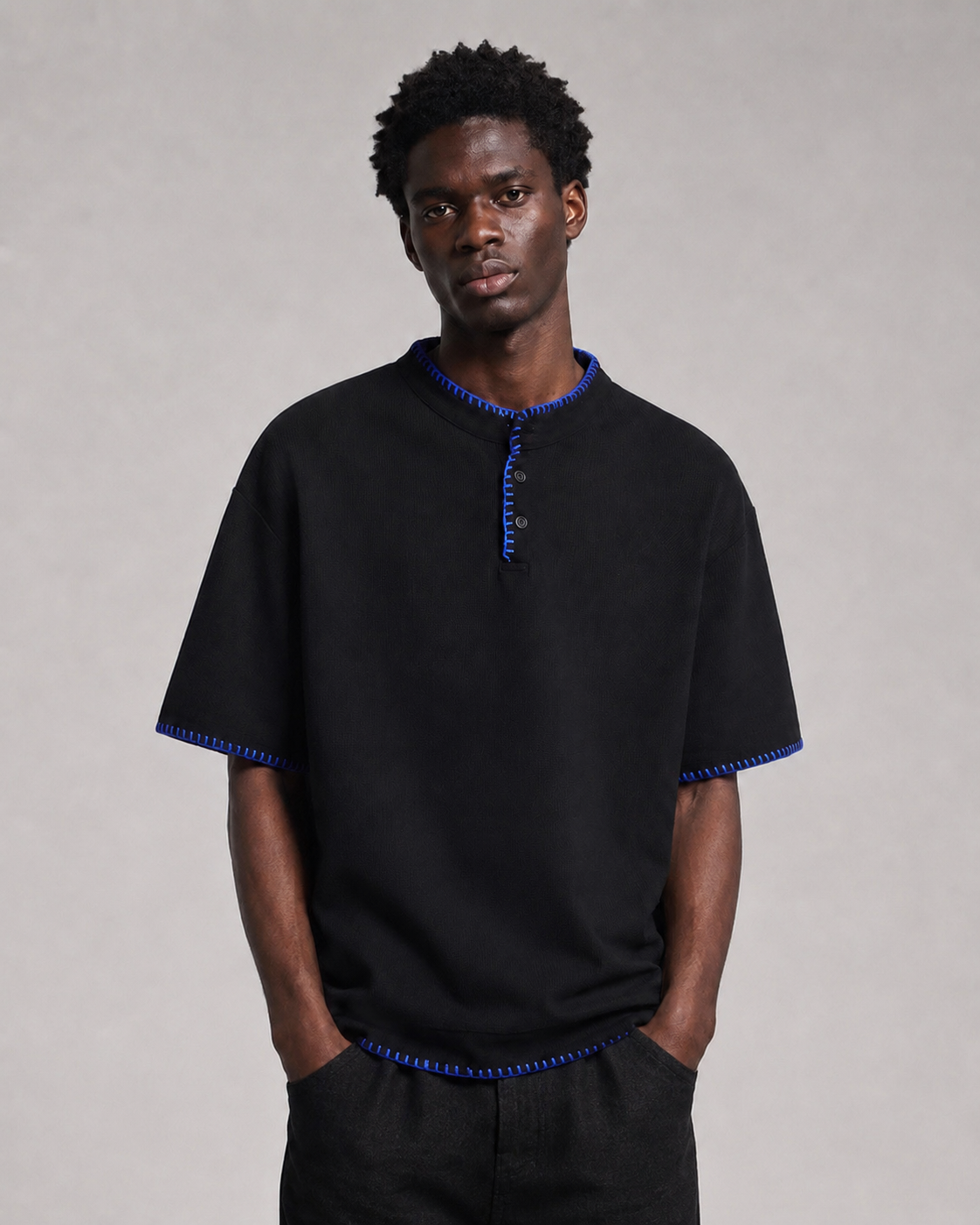 OFFSURGE Blanket Stitch Henley T-Shirt in Black